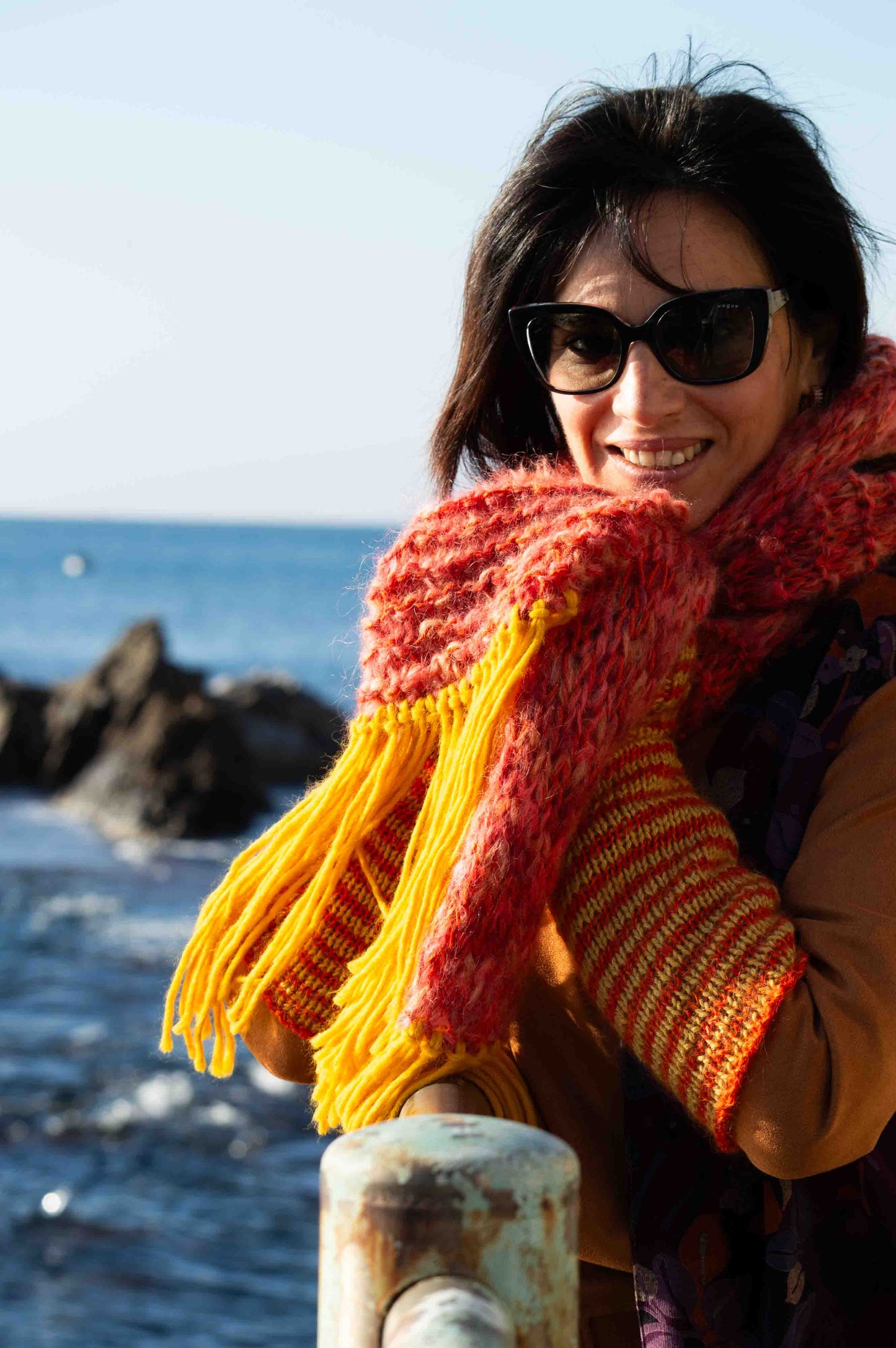Sciarpa in lana merinos e mohair arancione - Orange merinos and mohair woolen scarf