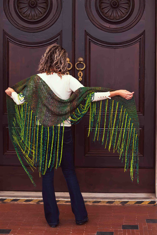 Scialle lavorato a crochet in cotone lurex e kid mohair verde - Cotton, lurex and mohair crocheted green shawl