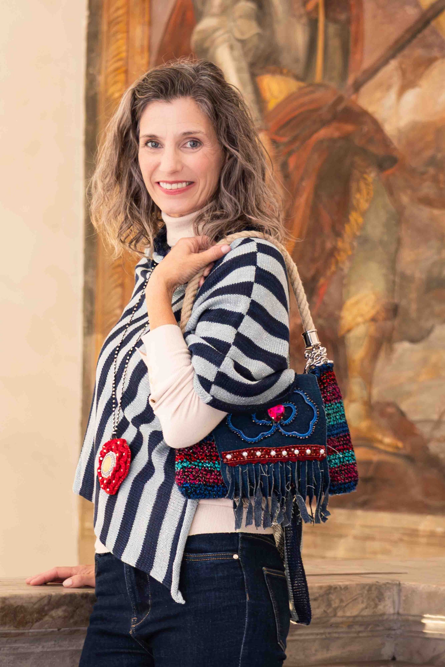 Borsa pochette crochet in lana con patella in jeans - Crocheted wool clutch bag with denim flap