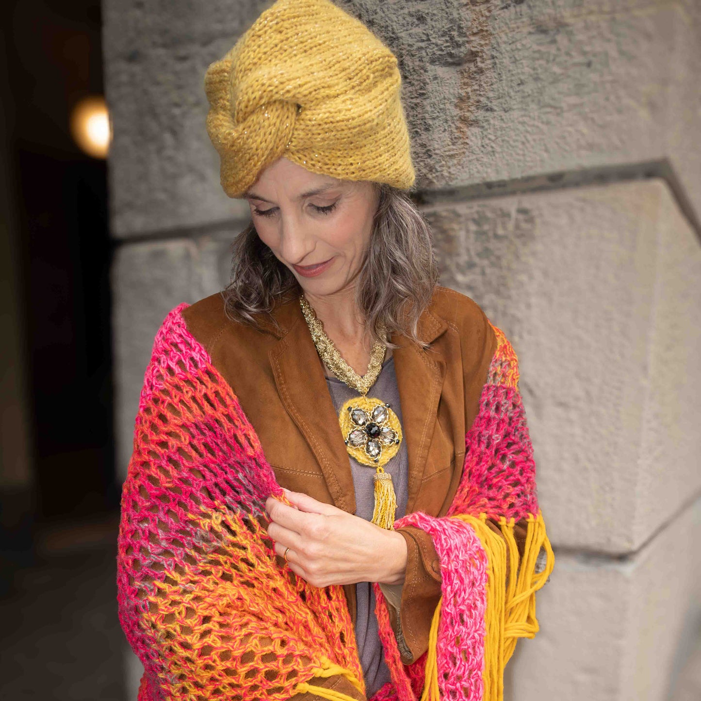 Cappello turbante giallo in lana merinos e mohair - Yellow merinos and mohair turban hat