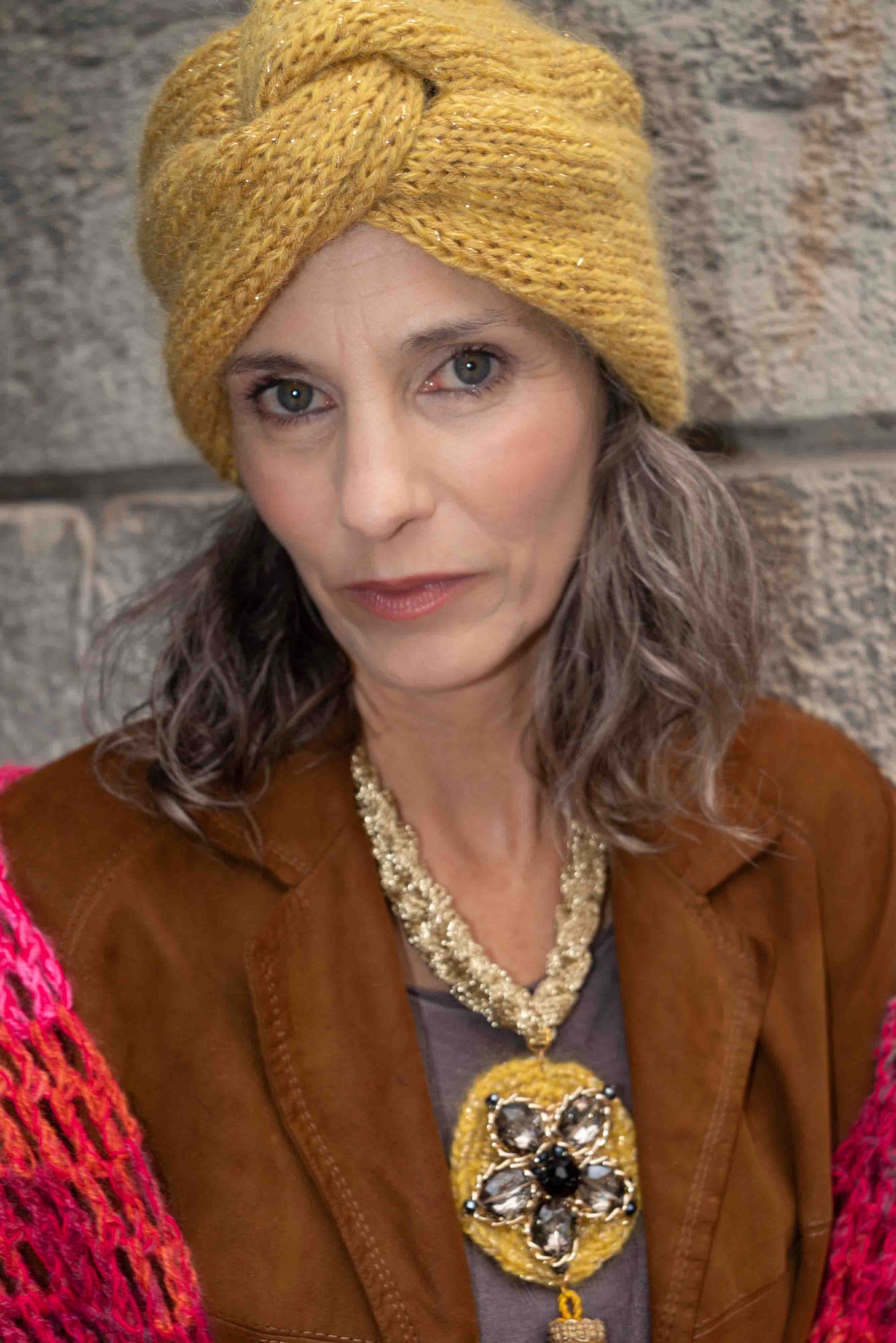 Cappello turbante giallo in lana merinos e mohair - Yellow merinos and mohair turban hat