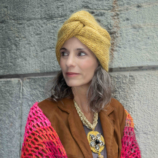 Cappello turbante giallo in lana merinos e mohair - Yellow merinos and mohair turban hat