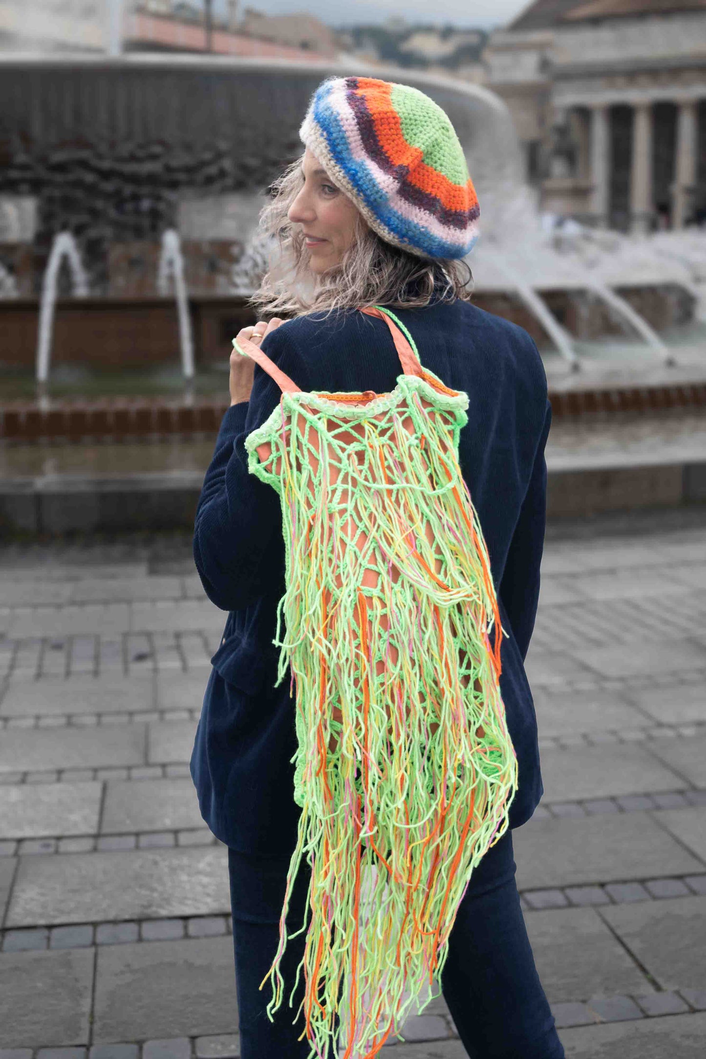 Sacca rete crochet in lana fodera in seta - Wool crocheted net bag, silk lining