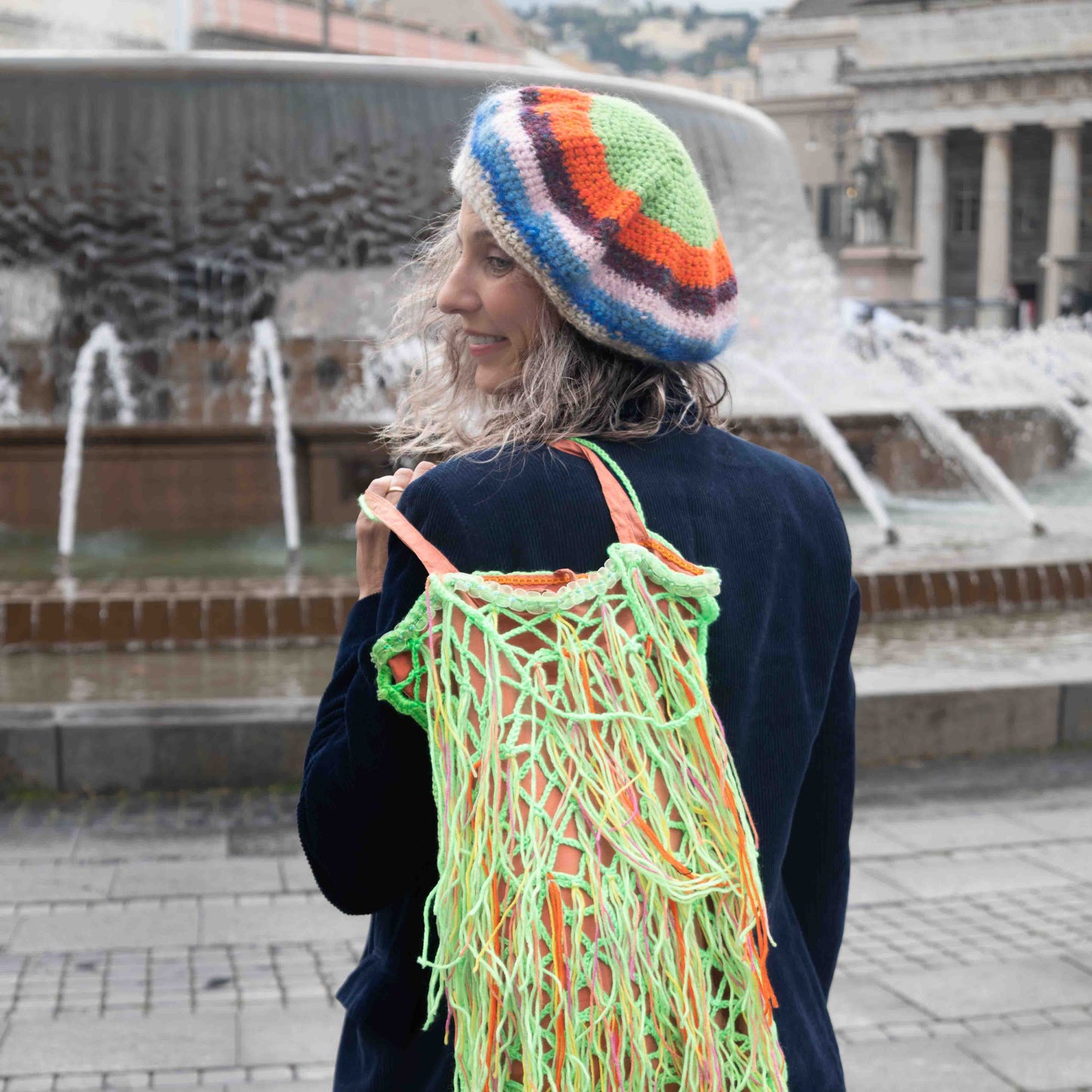 Sacca rete crochet in lana fodera in seta - Wool crocheted net bag, silk lining