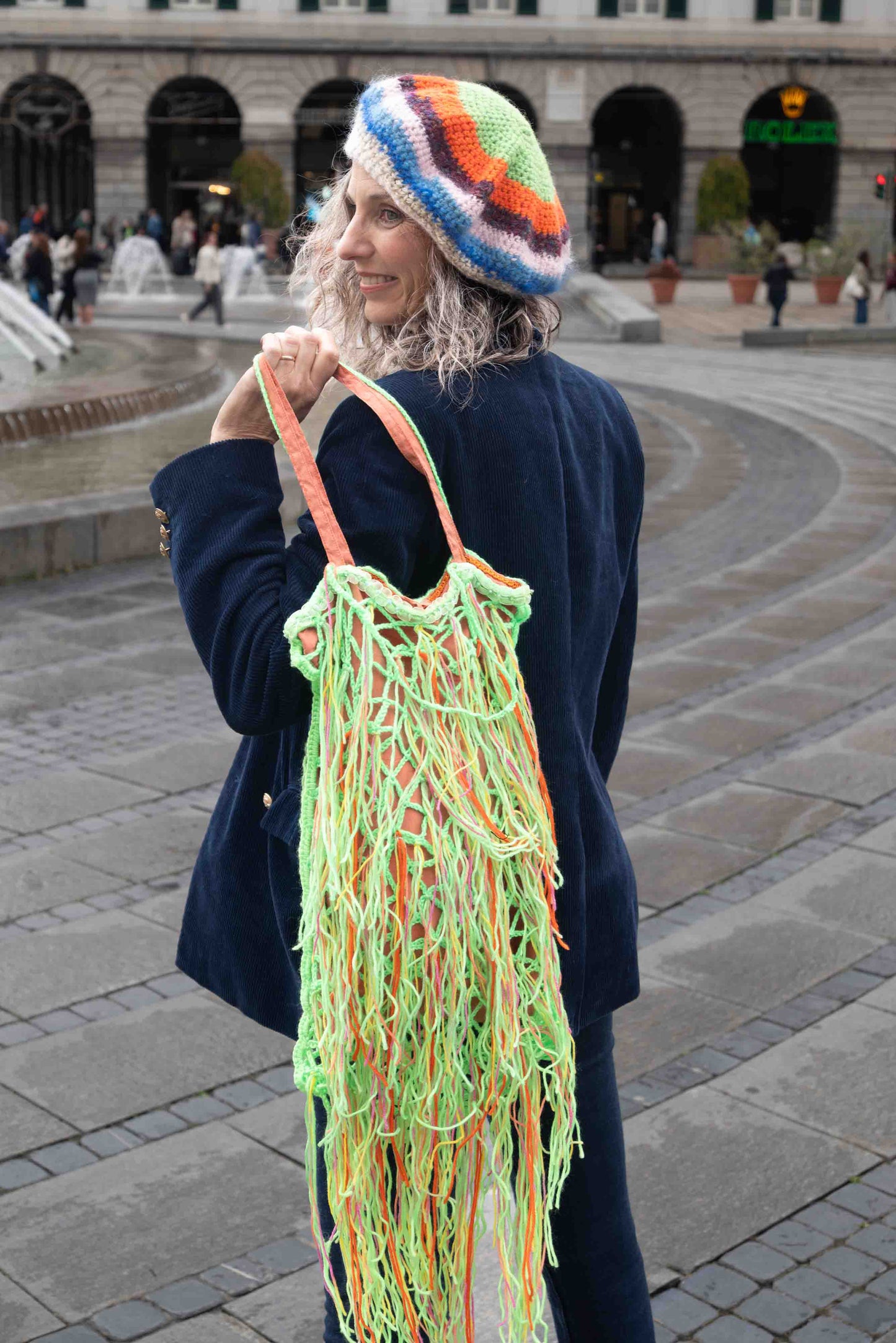 Sacca rete crochet in lana fodera in seta - Wool crocheted net bag, silk lining