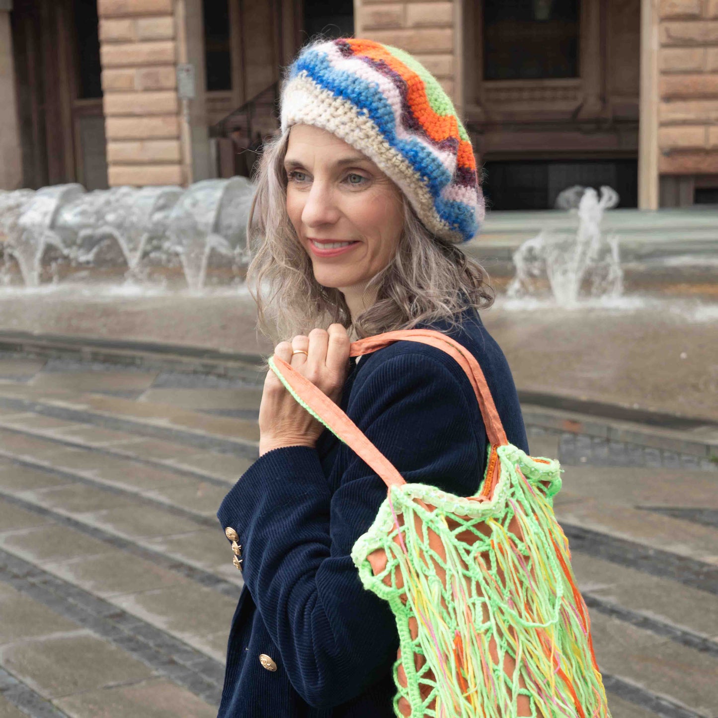 Sacca rete crochet in lana fodera in seta - Wool crocheted net bag, silk lining