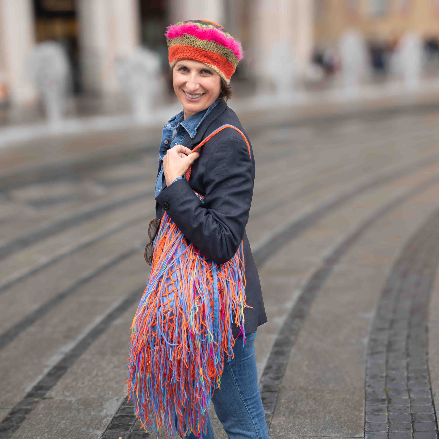 Sacca rete crochet in lana, fodera in seta - Wool crocheted net bag, silk lining