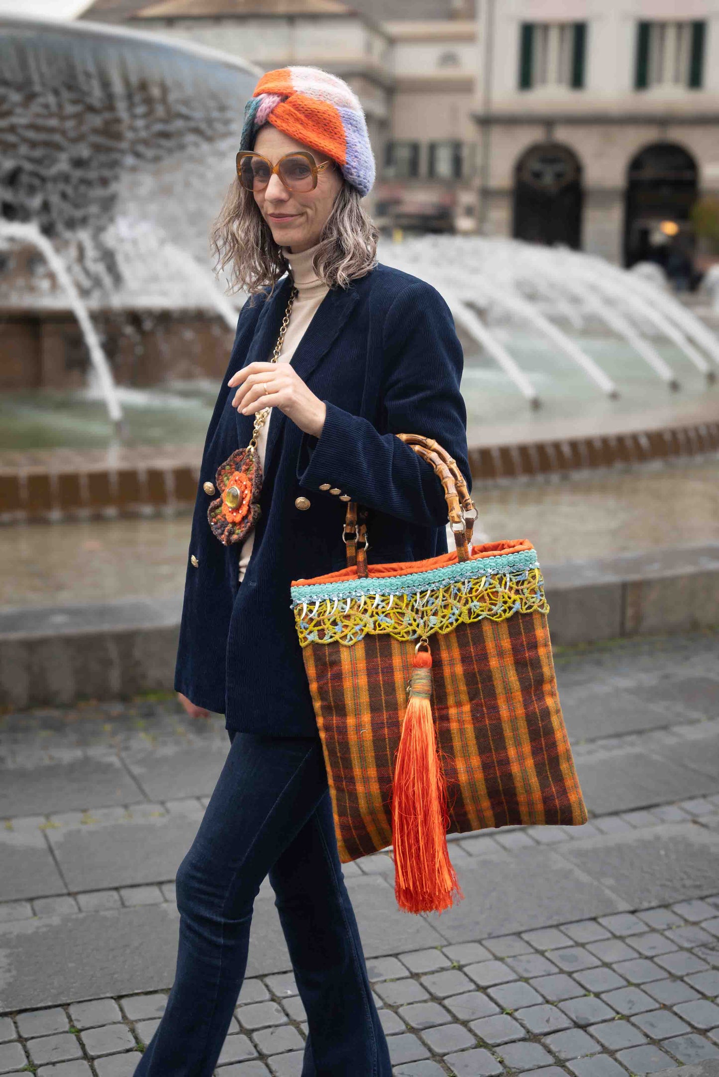 Borsa in lana tartan con manici bamboo - Tartan styled fabric bag with bamboo handles