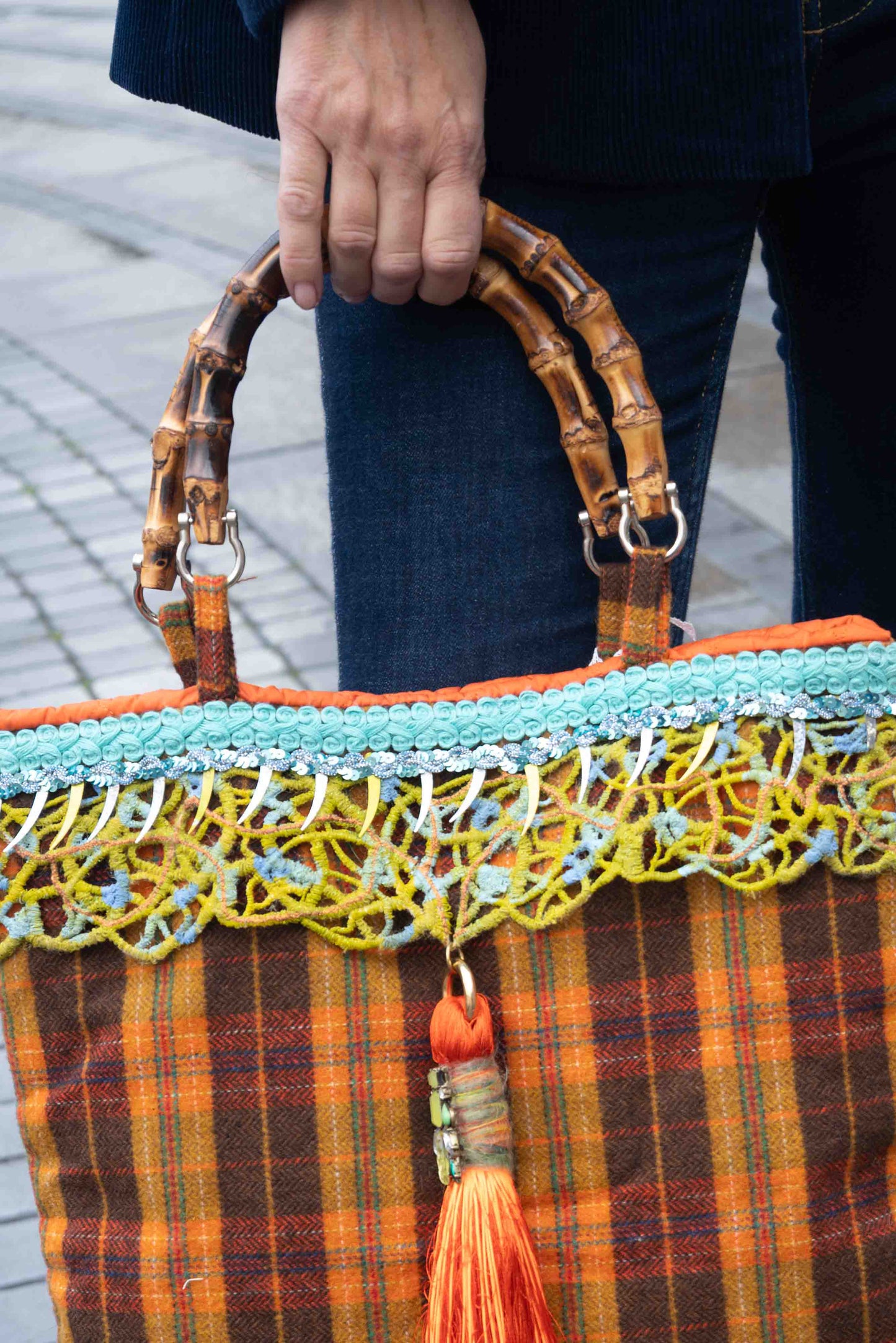 Borsa in tartan con manici bamboo - Tartan bag with bamboo handles