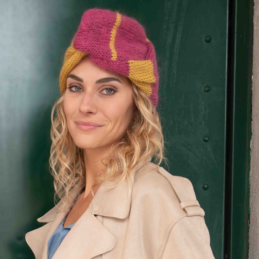 Cappello turbante tricot in lana gialla e malva  - Yellow and mauve woolen knitted turban hat