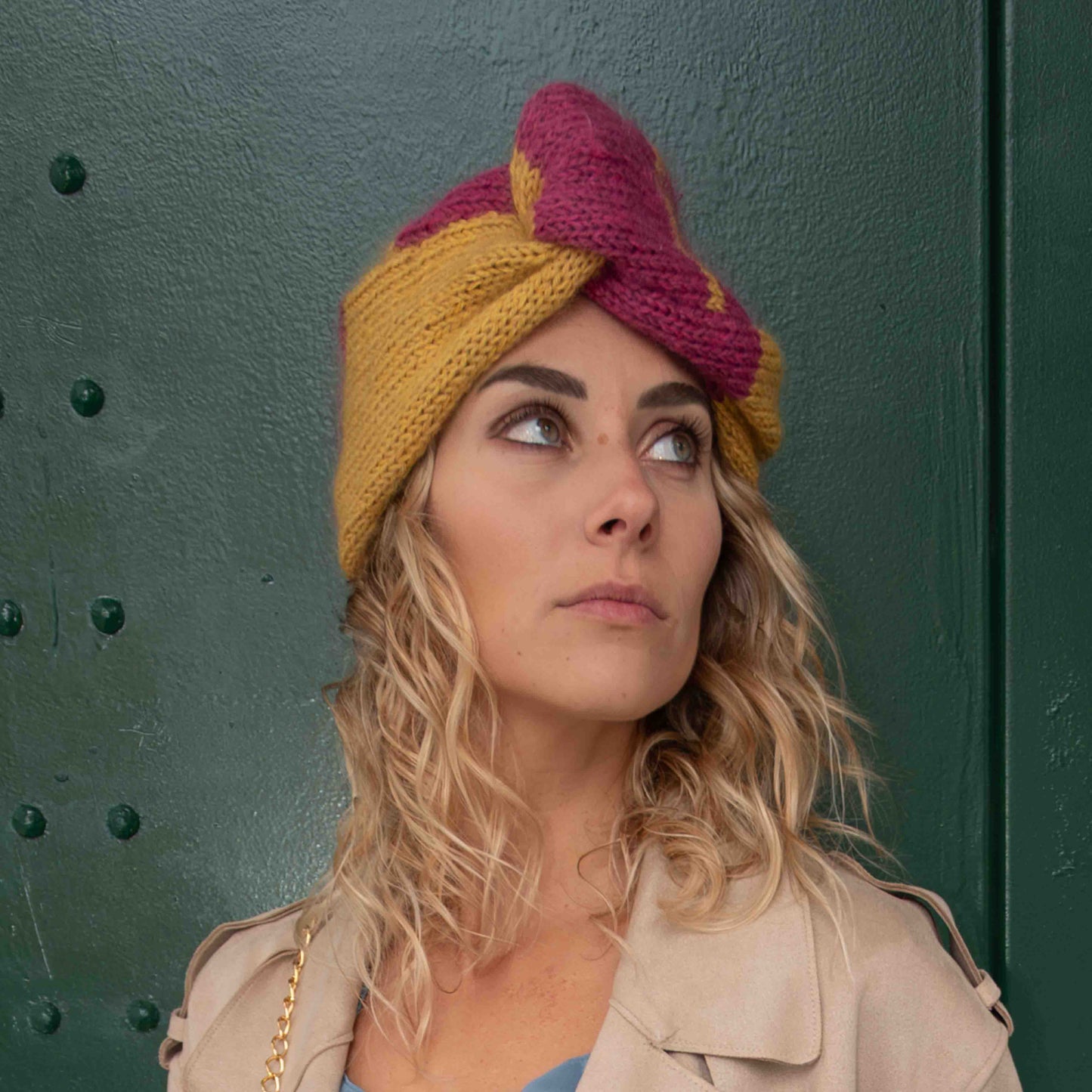 Cappello turbante tricot in lana gialla e malva  - Yellow and mauve woolen knitted turban hat