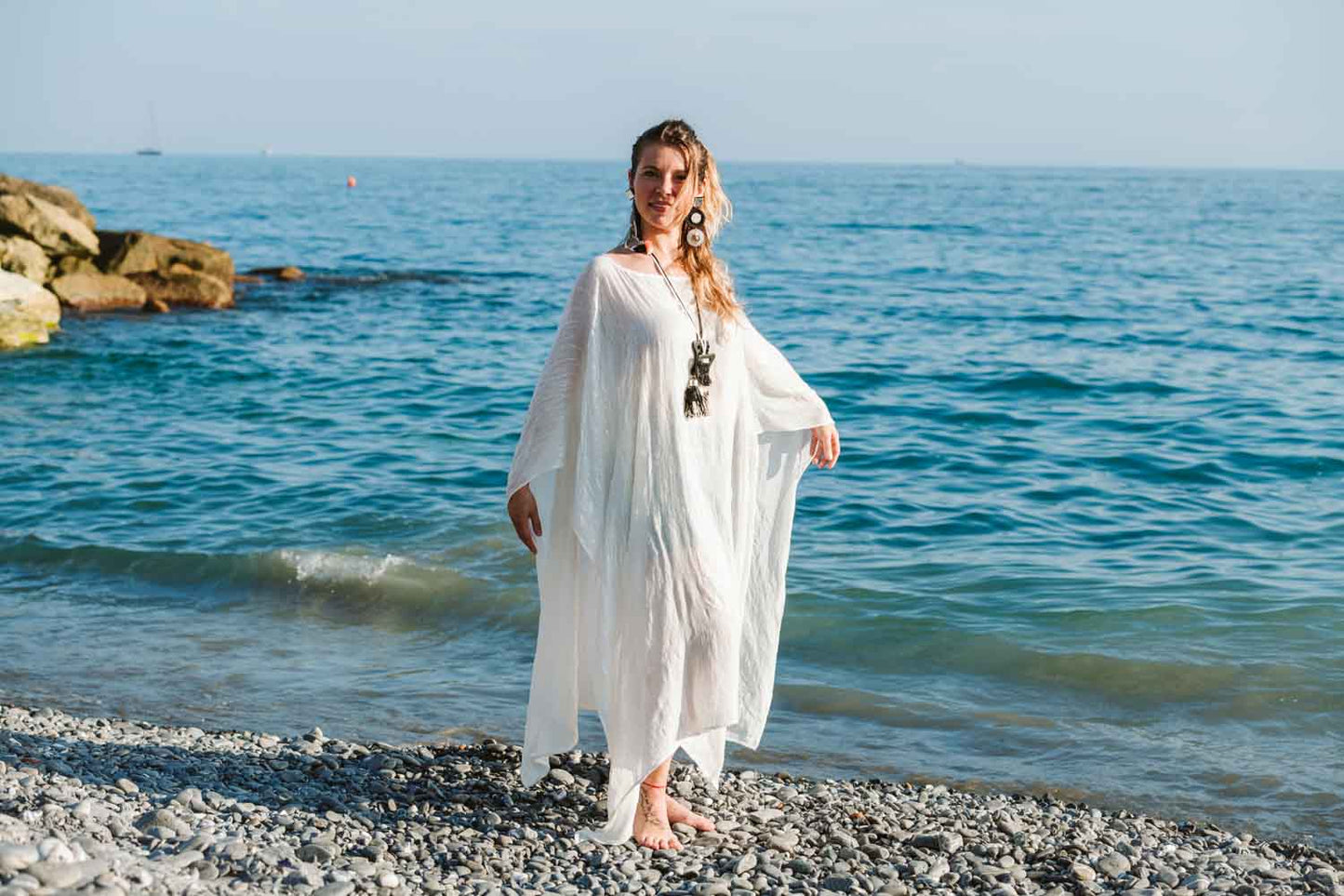 Poncho in cotone garzato bianco - Brushed white cotton poncho