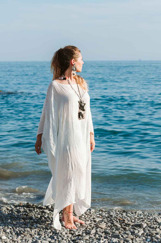 Poncho in cotone garzato bianco - Brushed white cotton poncho