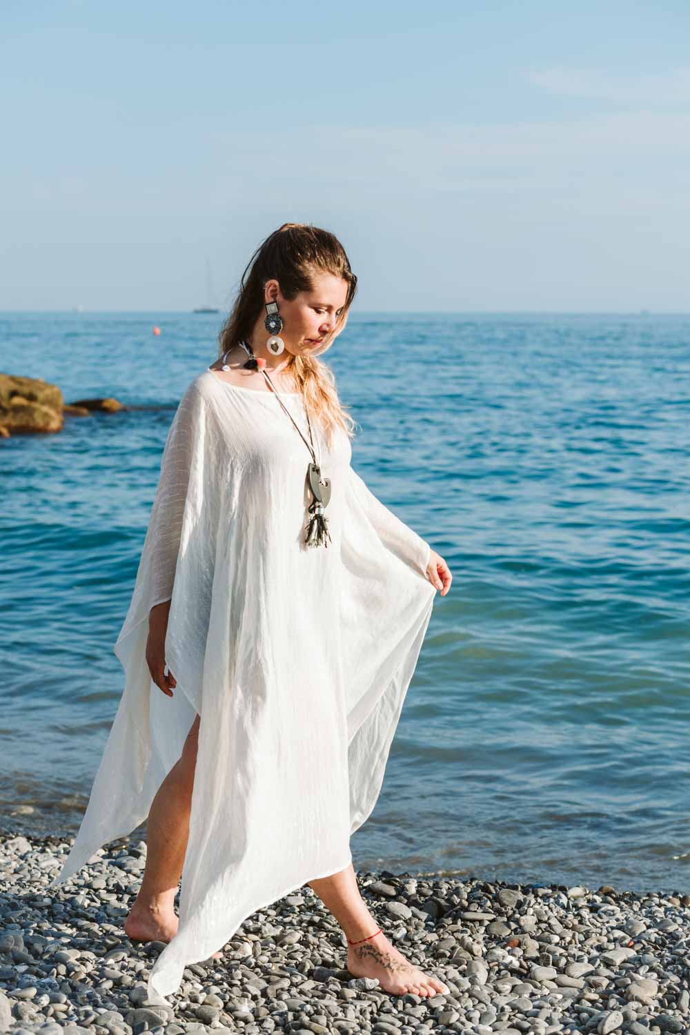 Poncho in cotone garzato bianco - Brushed white cotton poncho