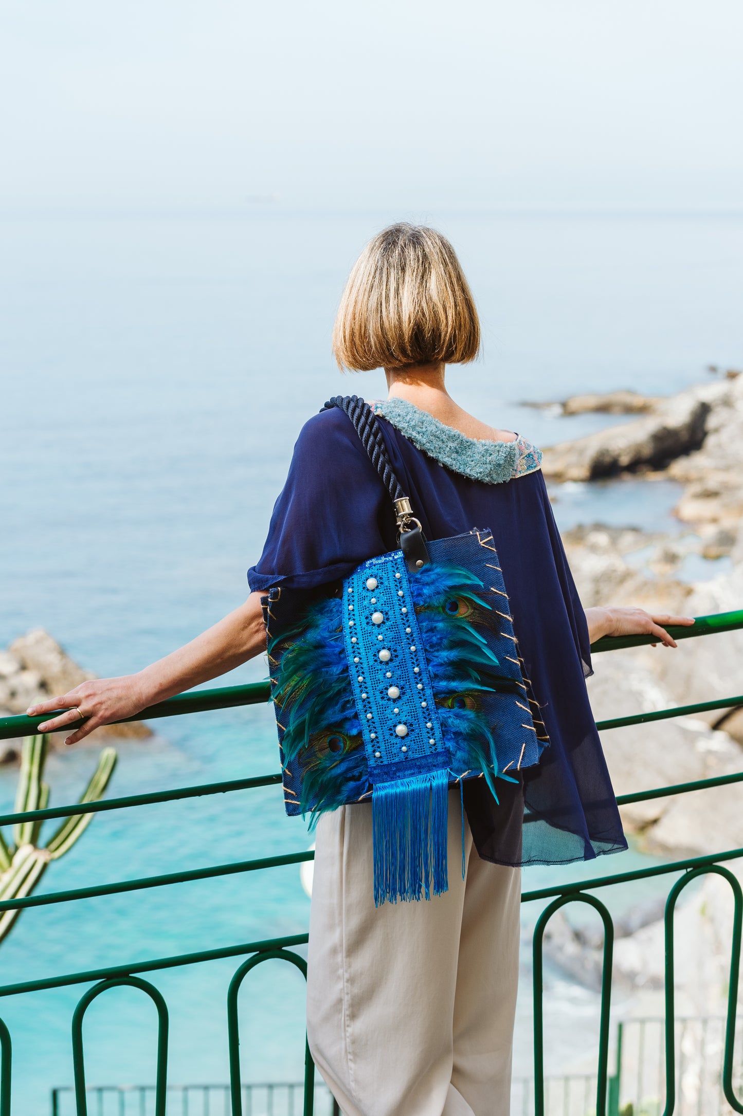 Borsa juta blu decorata - Blu juta decorated bag