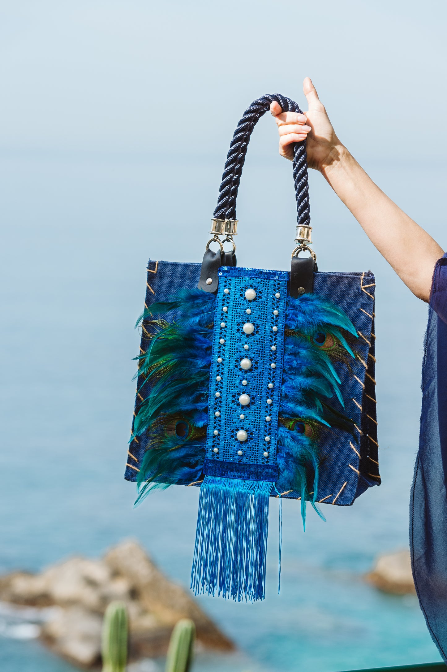 Borsa juta blu decorata - Blu juta decorated bag