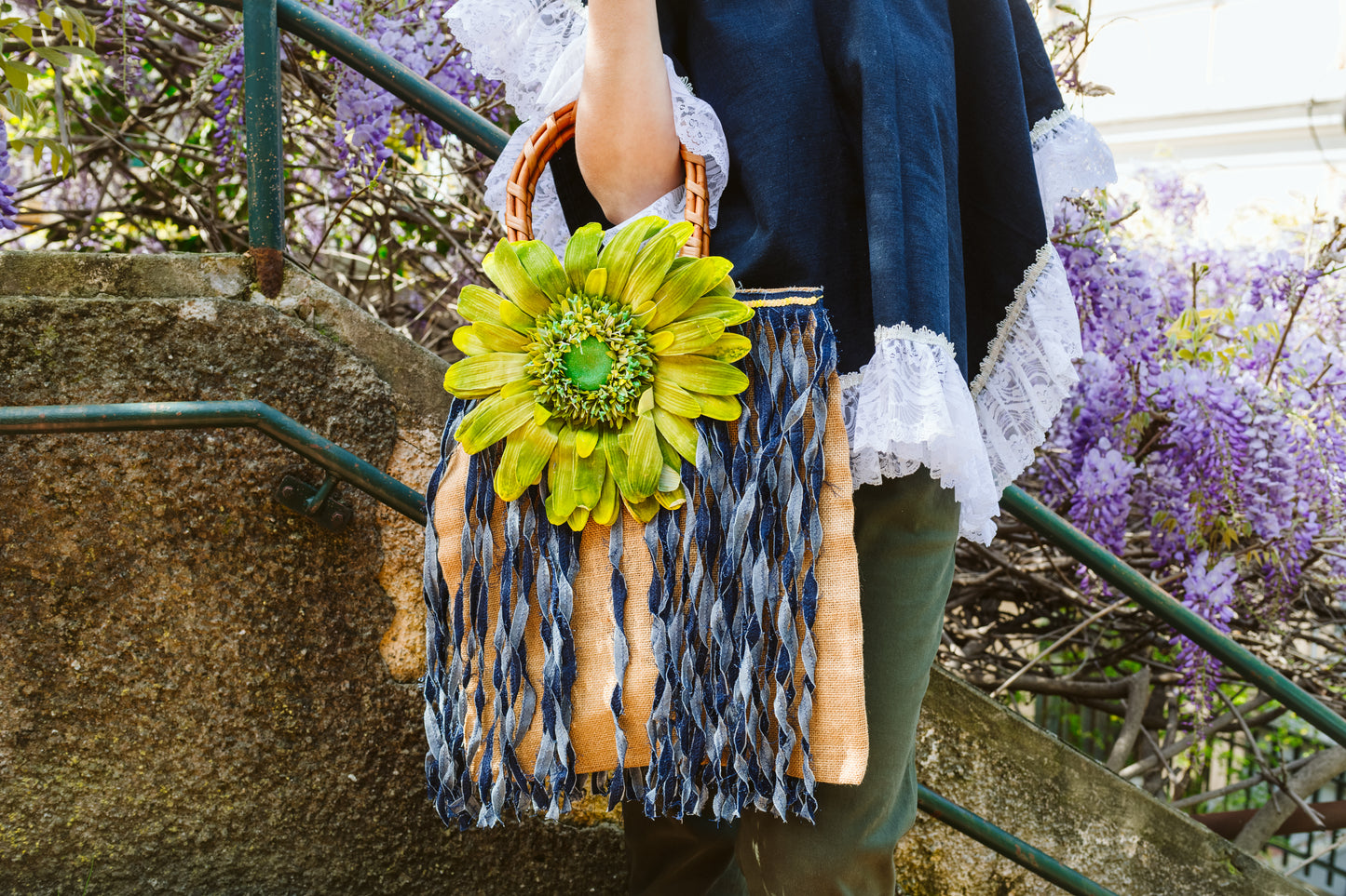 Borsa juta con fiore verde - Jute bag with green flower