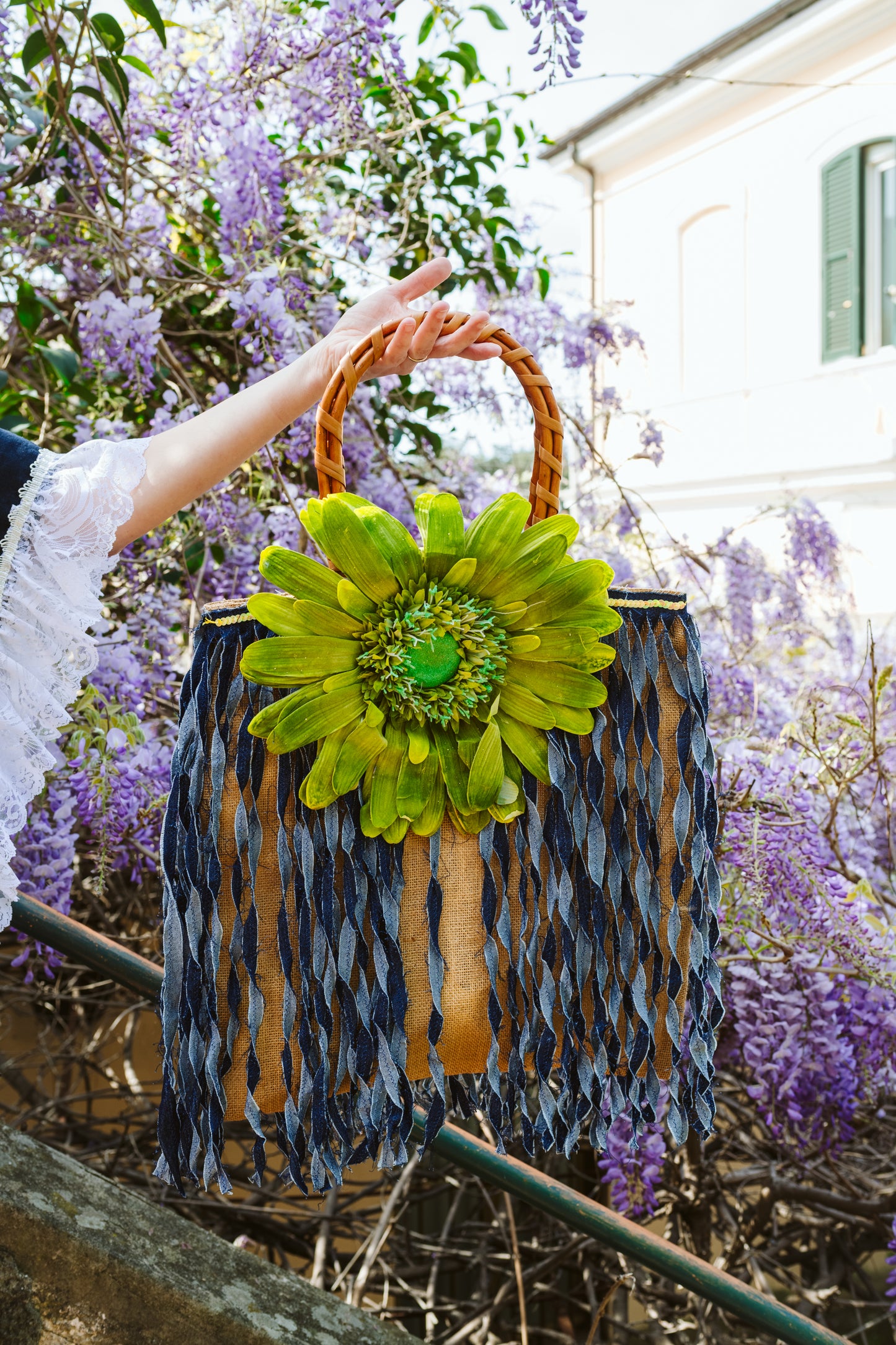 Borsa juta con fiore verde - Jute bag with green flower