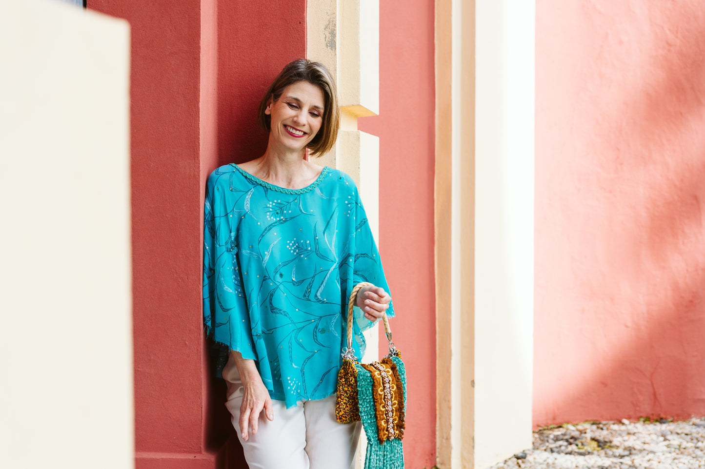 Poncho in seta turchese stampata - Printed turquoise silk poncho