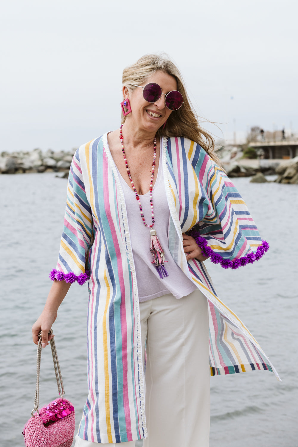 Kimono in lino a righe colorate - Coloured stripe linen Kimono
