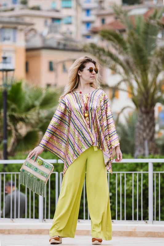 Poncho in tessuto paillettes multicolore -  Multicoloured embroidered sequined fabric poncho