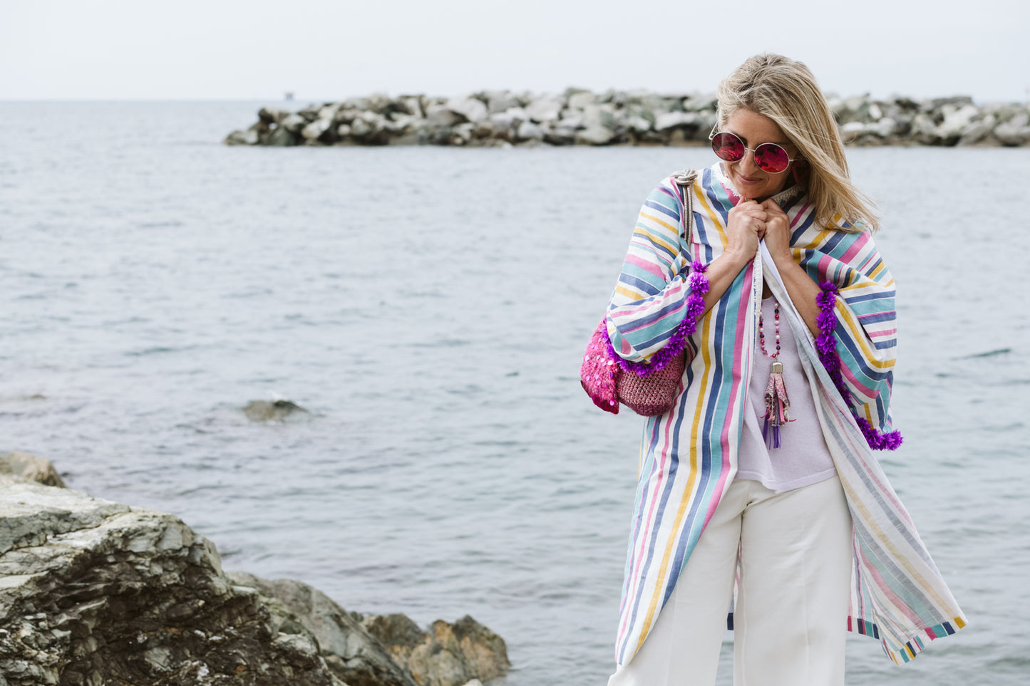 Kimono in lino a righe colorate - Coloured stripe linen Kimono