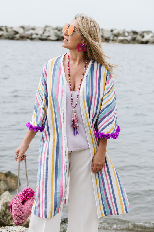 Kimono in lino a righe colorate - Coloured stripe linen Kimono