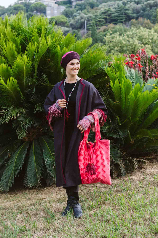 Kimono in lana dettagli rosso cherry - Cherry red detailed wool kimono