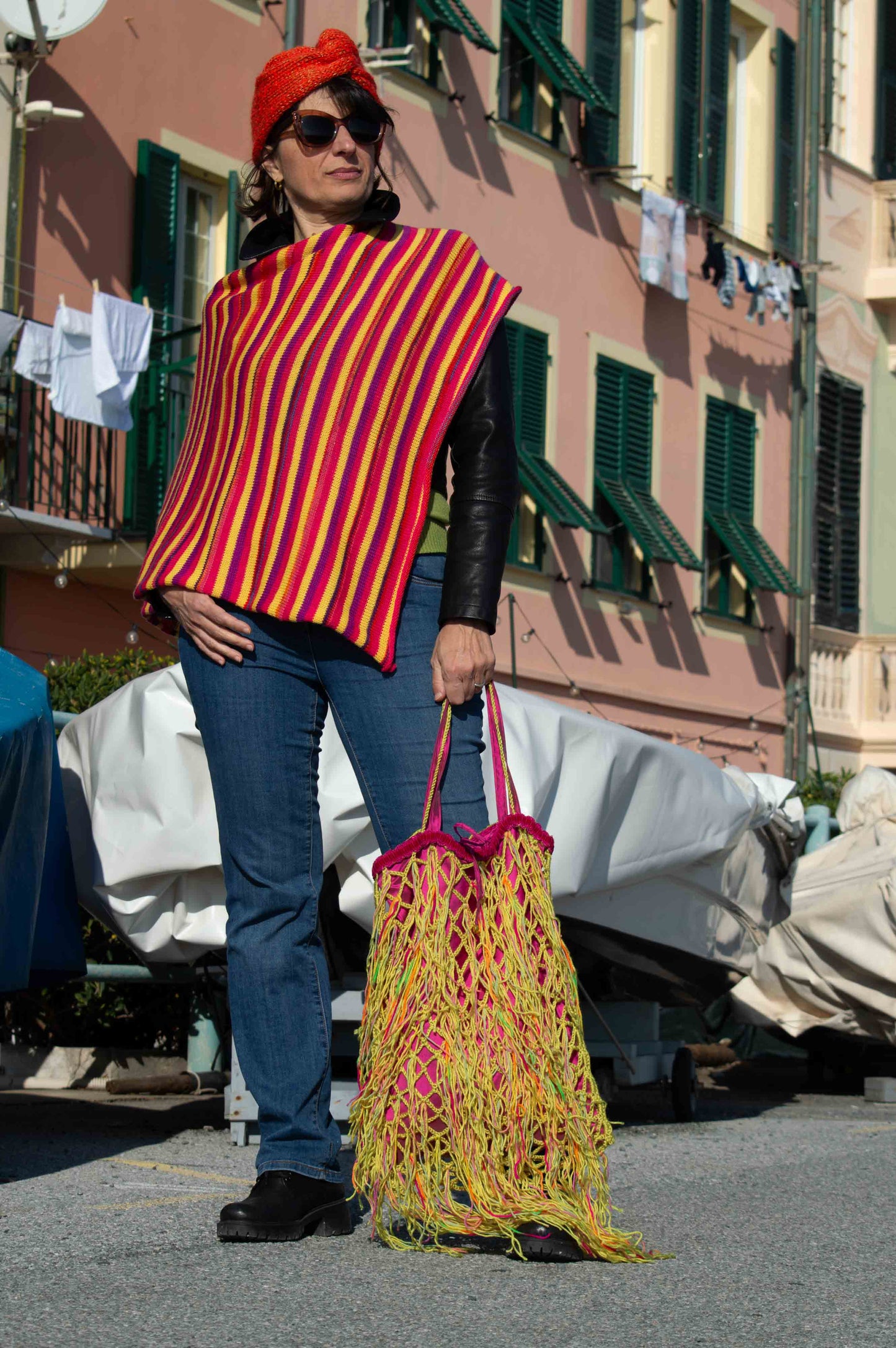 Sacca lana crochet con frange e fodera in seta rosa - Lime yellow wool crocheted bag with pink lining