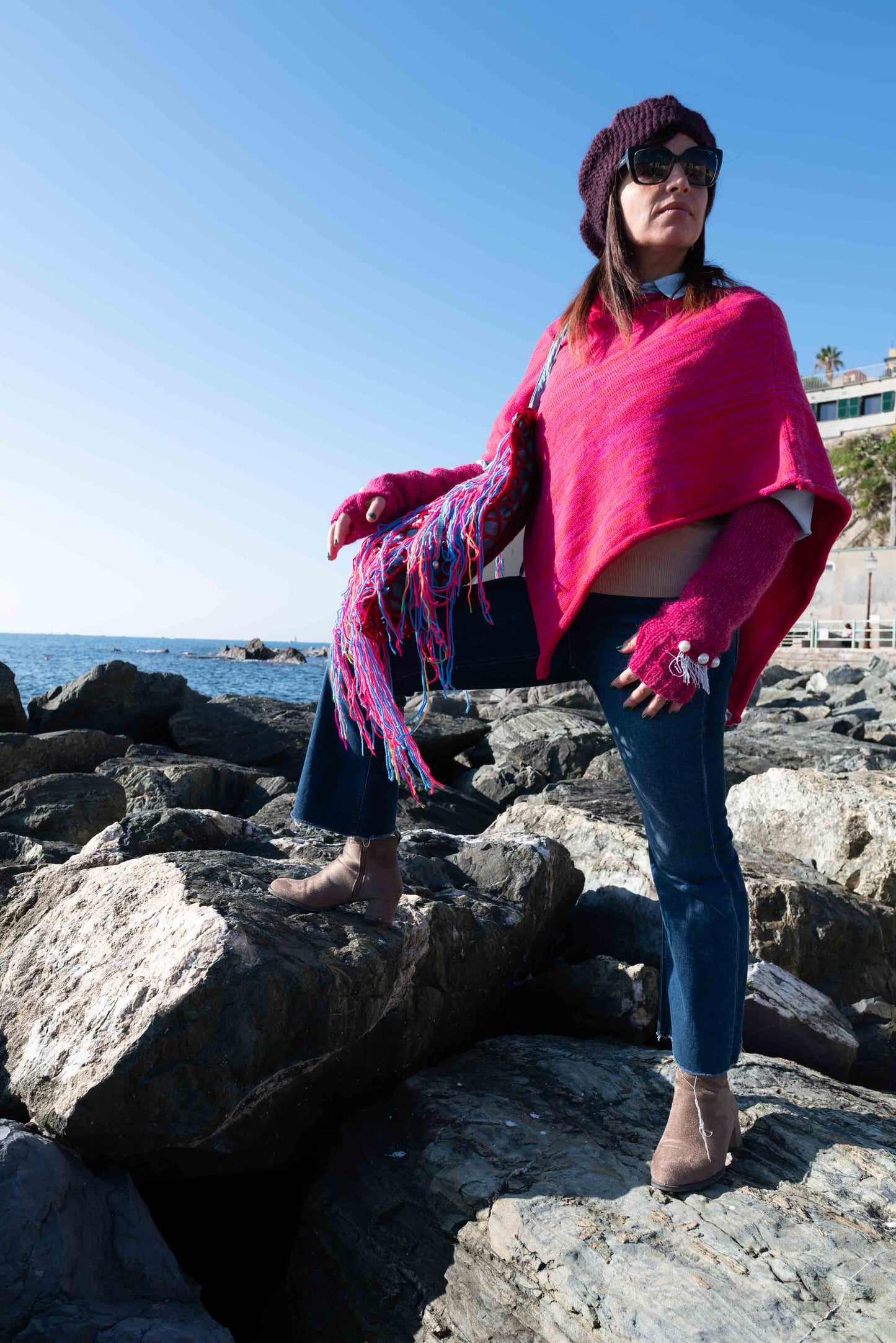 Poncho fuxia in lana e viscosa -  Fuxsia wool and viscose poncho