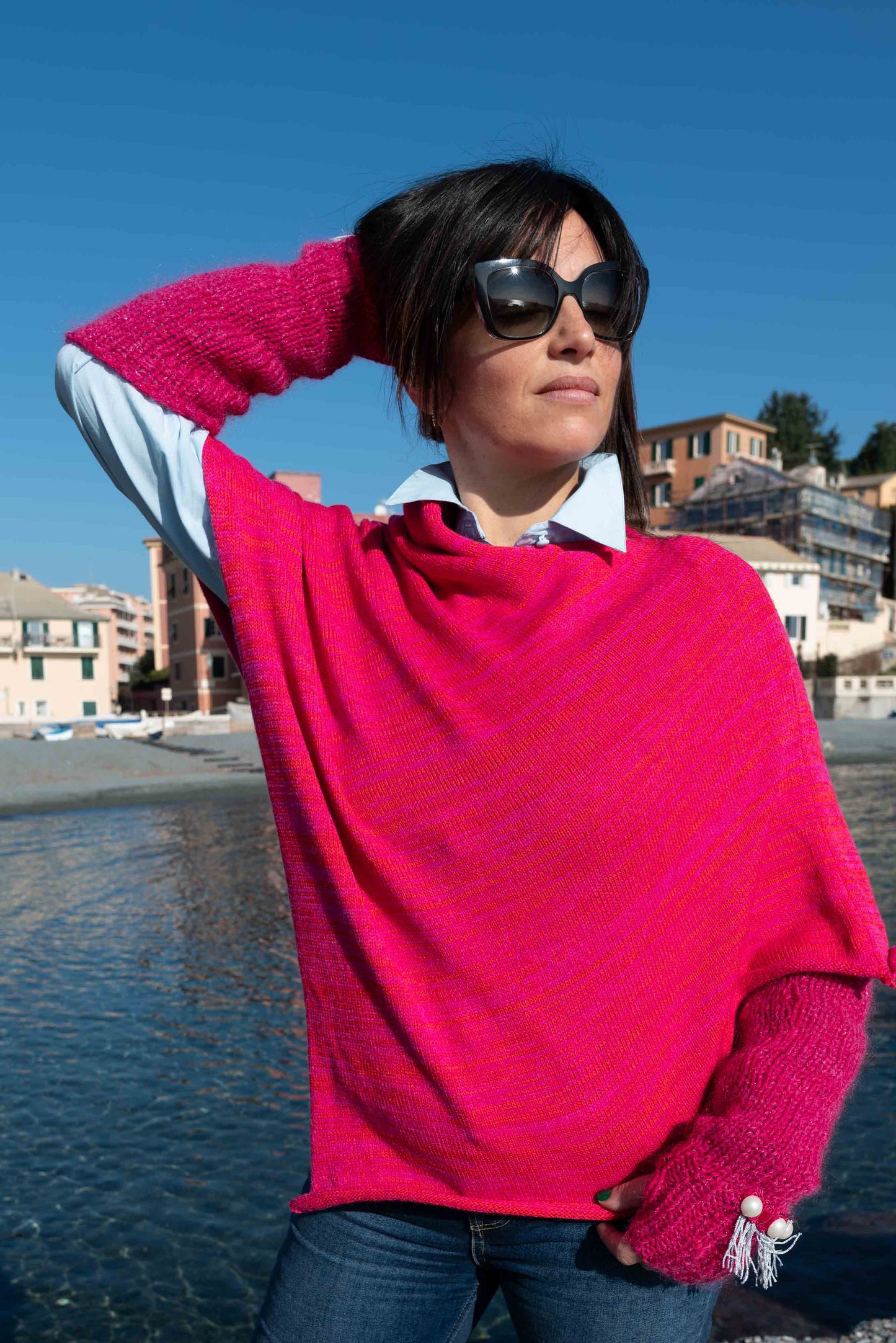 Poncho fuxia in lana e viscosa -  Fuxsia wool and viscose poncho