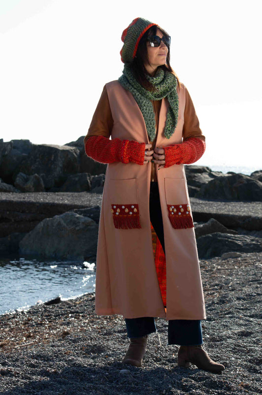 Gilet in lana rosa salmone con fodera con in seta - Salmon pink wool long waistcoat with silk lining
