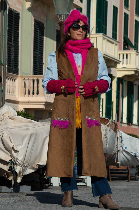 Gilet in suede con fodera in seta vintage - Suede waistcoat, silk lining with floral pattern