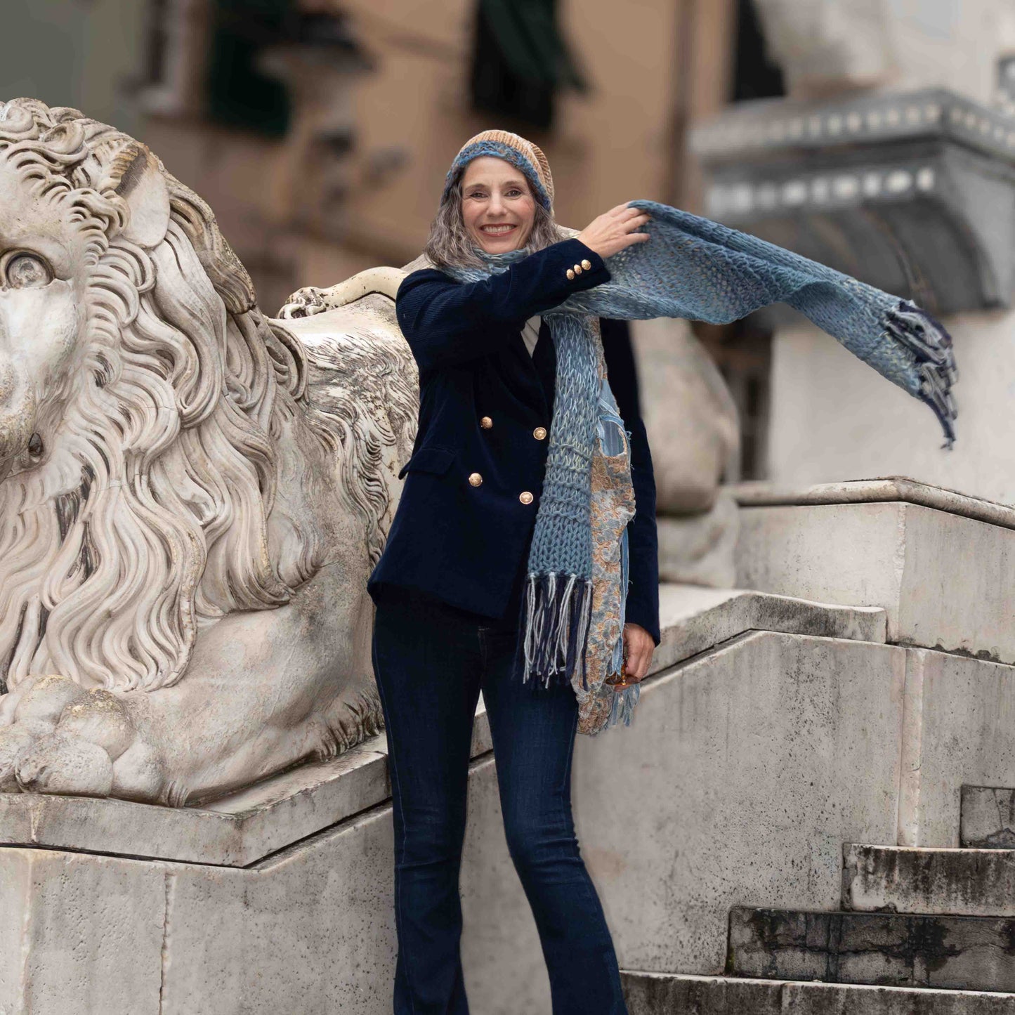 Sciarpa in misto alpaca color azzurro polvere scuro e kid mohair - Dark powder blue alpaca wool and kid mohair scarf