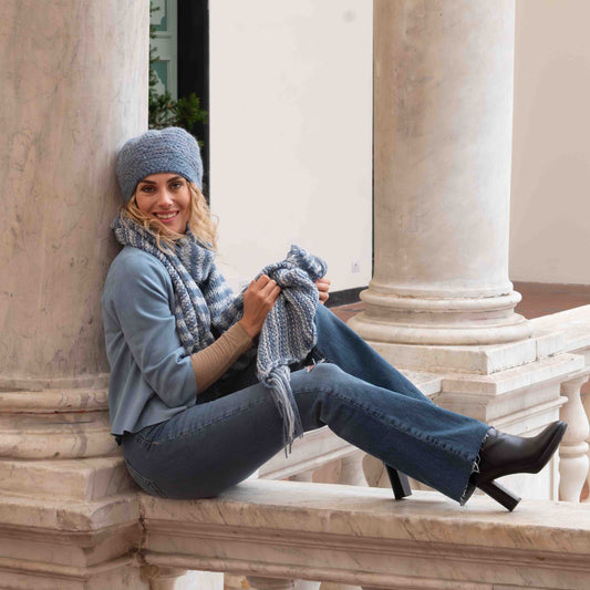 Sciarpa a righe misto alpaca azzurro polvere chiaro/scuro - Blended alpaca wool scarf in light and dark powder blue
