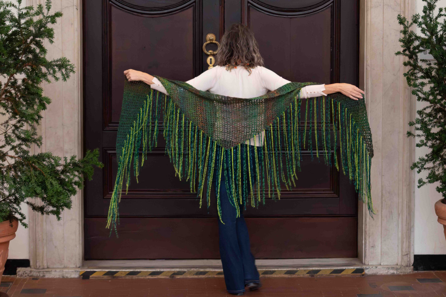 Scialle lavorato a crochet in cotone lurex e kid mohair verde - Cotton, lurex and mohair crocheted green shawl