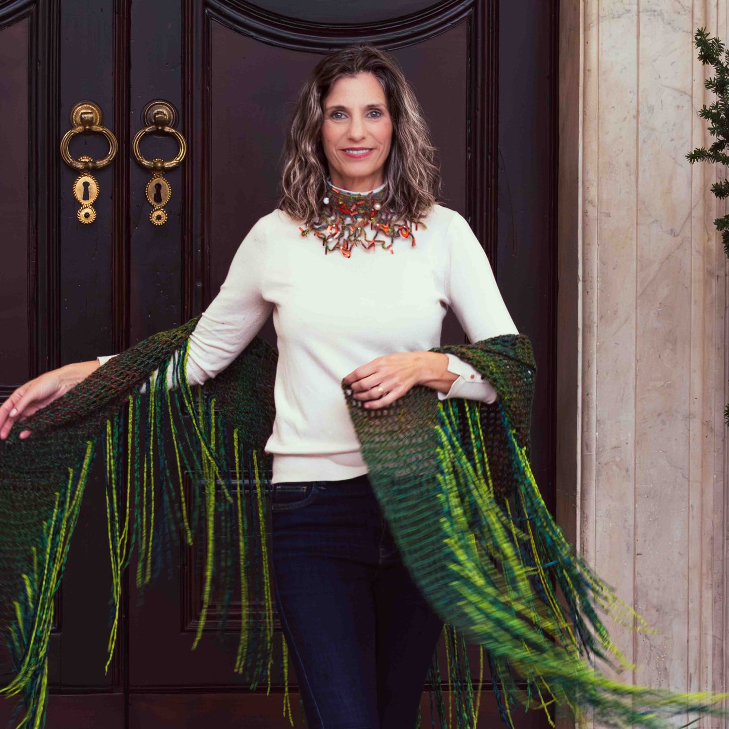 Scialle lavorato a crochet in cotone lurex e kid mohair verde - Cotton, lurex and mohair crocheted green shawl