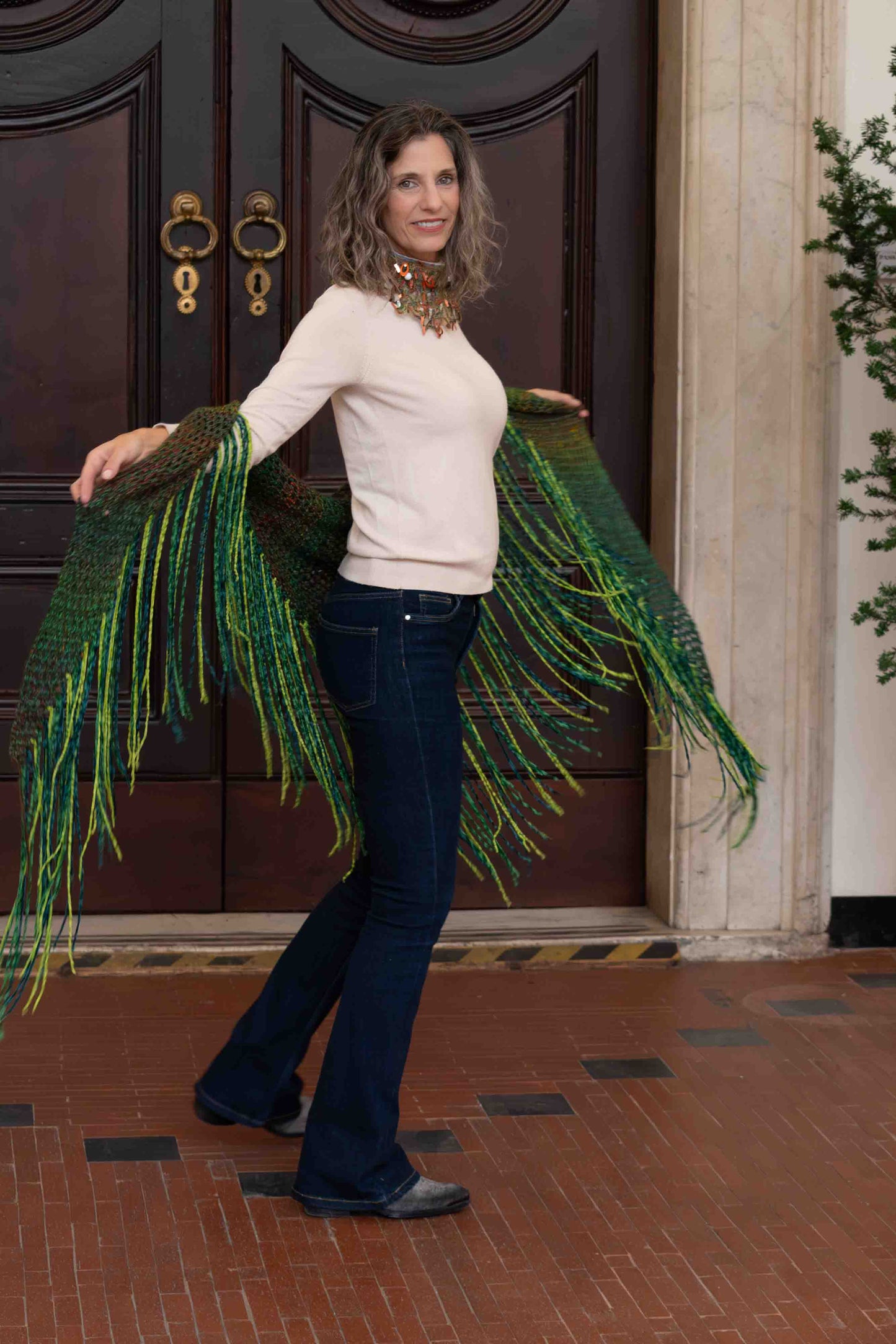 Scialle lavorato a crochet in cotone lurex e kid mohair verde - Cotton, lurex and mohair crocheted green shawl