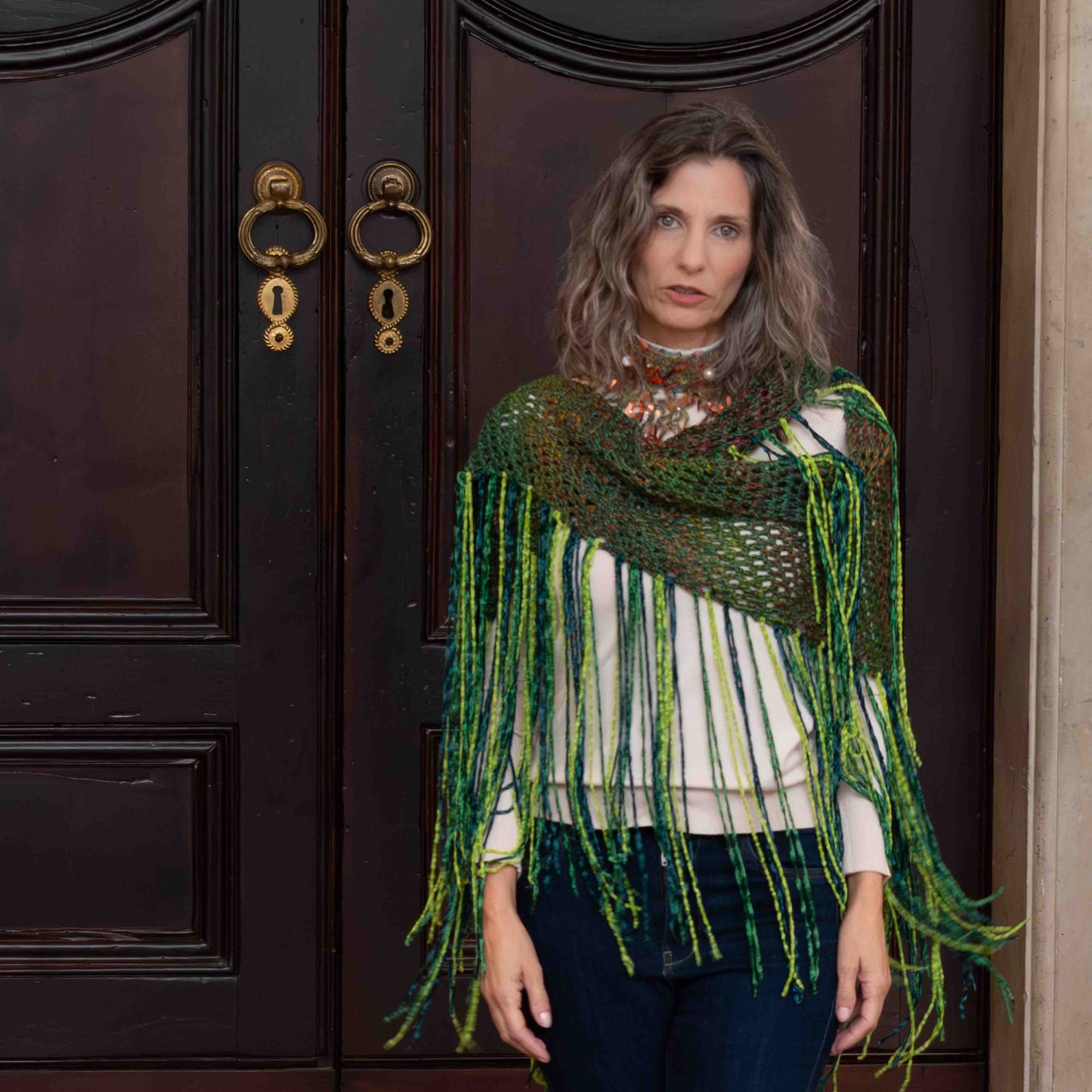 Scialle lavorato a crochet in cotone lurex e kid mohair verde - Cotton, lurex and mohair crocheted green shawl