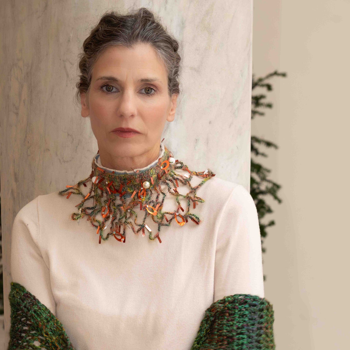 Collana gorgera in jeans, mohair e paillettes - Denim, sequins and mohair woolen gorget necklace