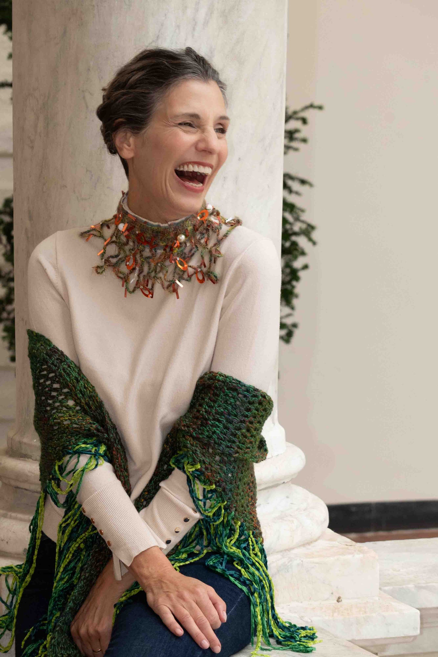 Collana gorgera in jeans, mohair e paillettes - Denim, sequins and mohair woolen gorget necklace