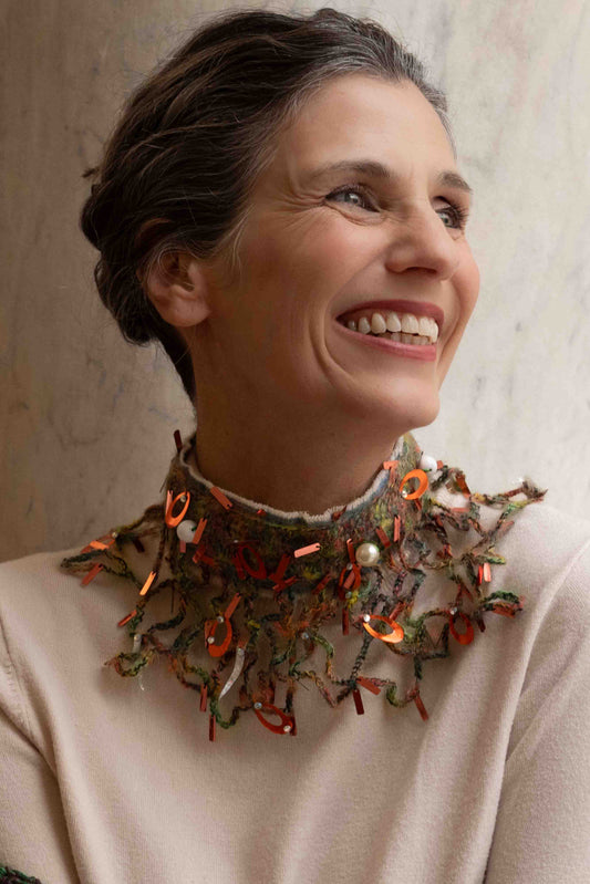 Collana gorgera in jeans, mohair e paillettes - Denim, sequins and mohair woolen gorget necklace