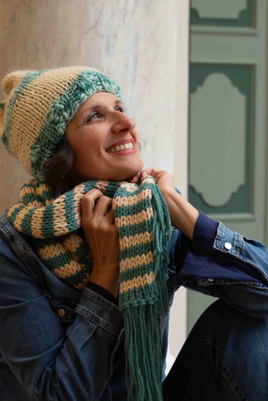 Sciarpa in lana a righe verde salvia e vaniglia melange - Woolen scarf striped in sage green and vanilla yellow