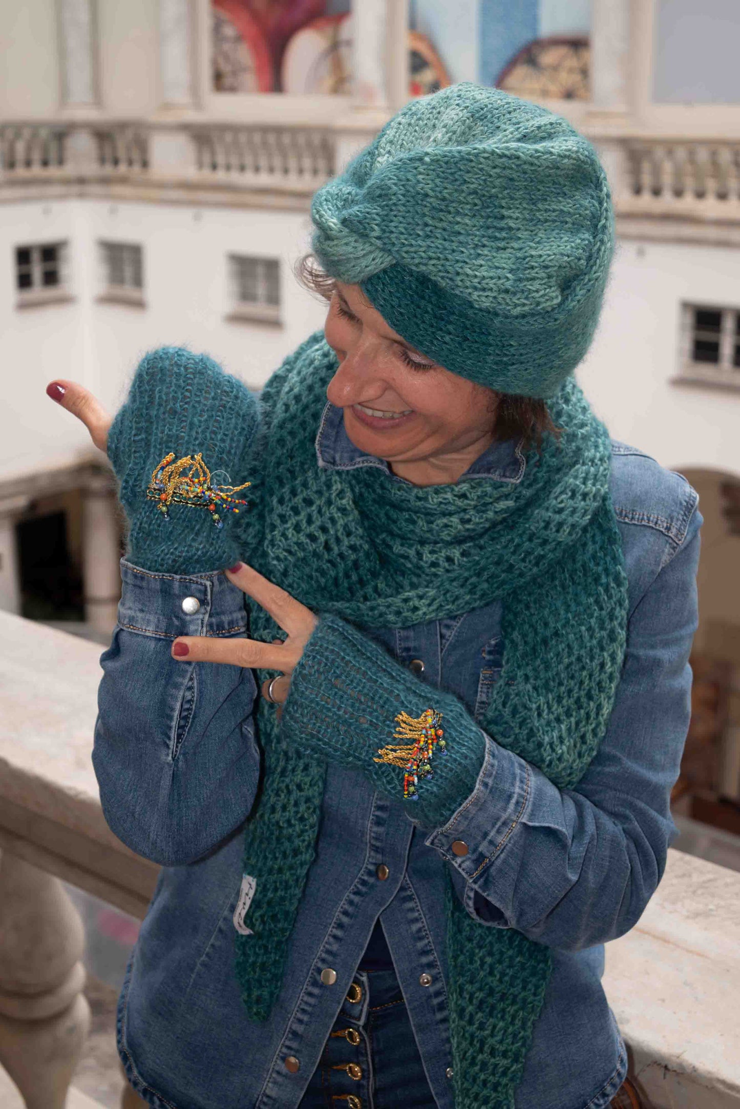 Cappello turbante in lana color acquamarina scuro melange - Woolen turban aquamarine hat