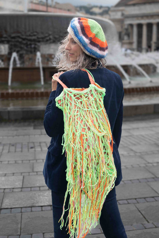 Sacca rete crochet in lana fodera in seta - Wool crocheted net bag, silk lining