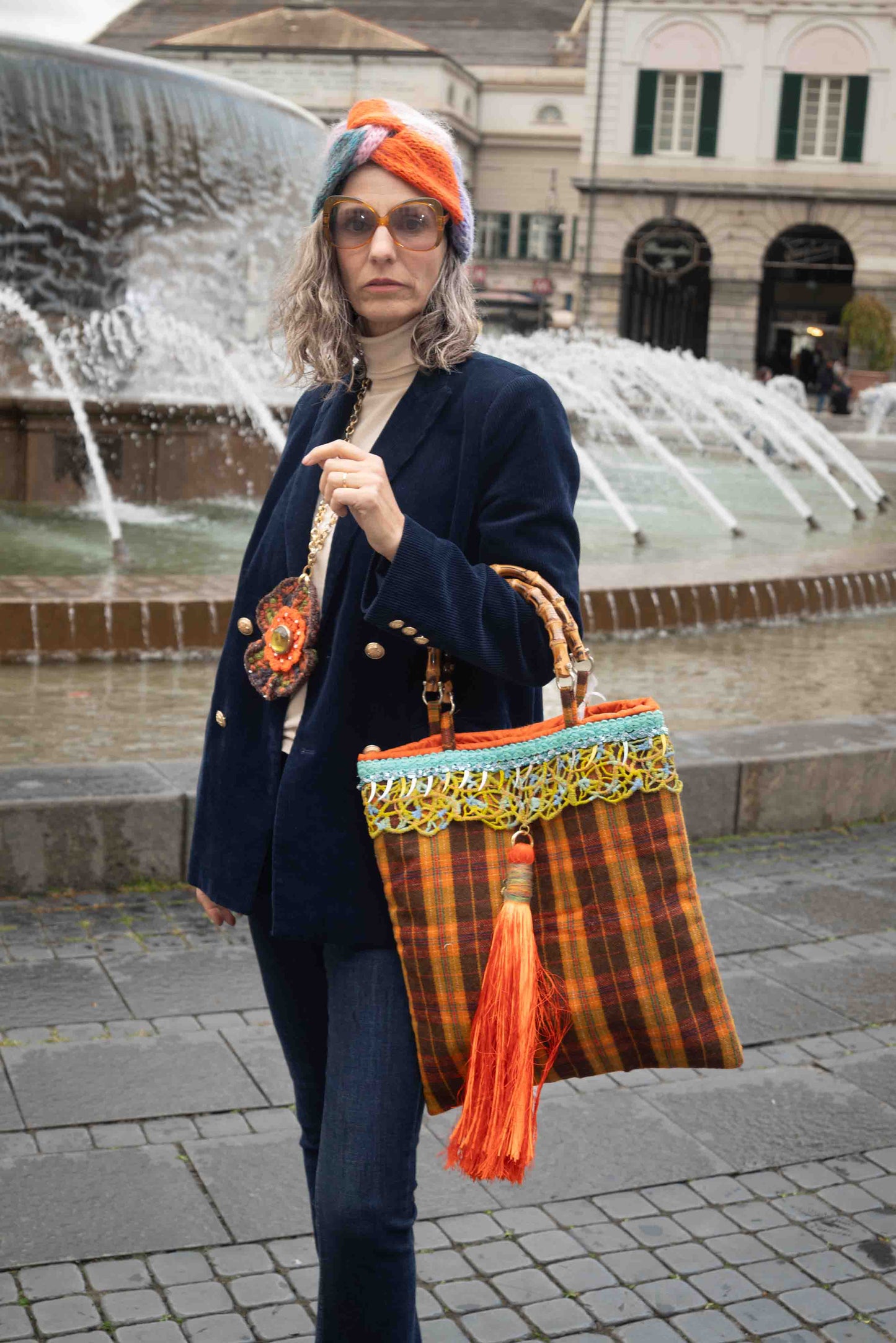 Borsa in lana tartan con manici bamboo - Tartan styled fabric bag with bamboo handles