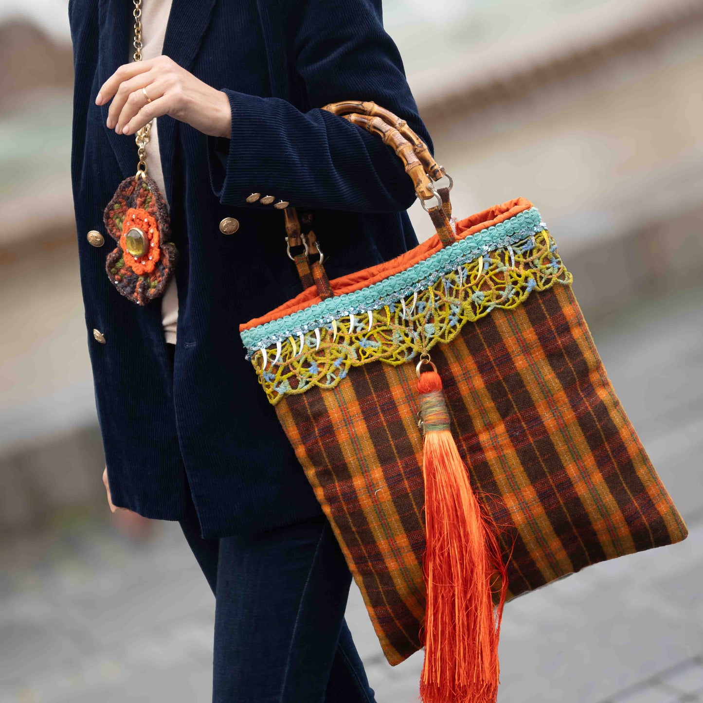 Borsa in lana tartan con manici bamboo - Tartan styled fabric bag with bamboo handles