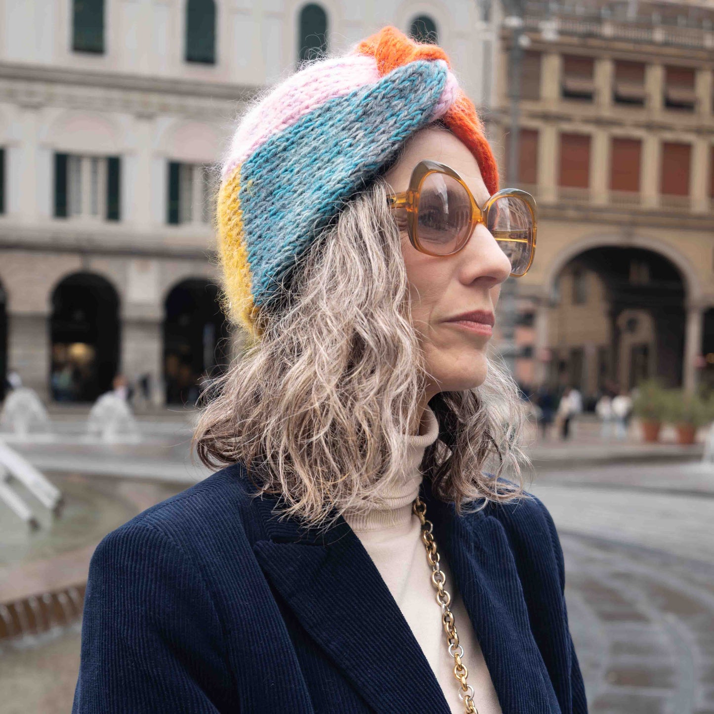 Cappello turbante in lana multicolor - Multicolored striped woolen turban hat