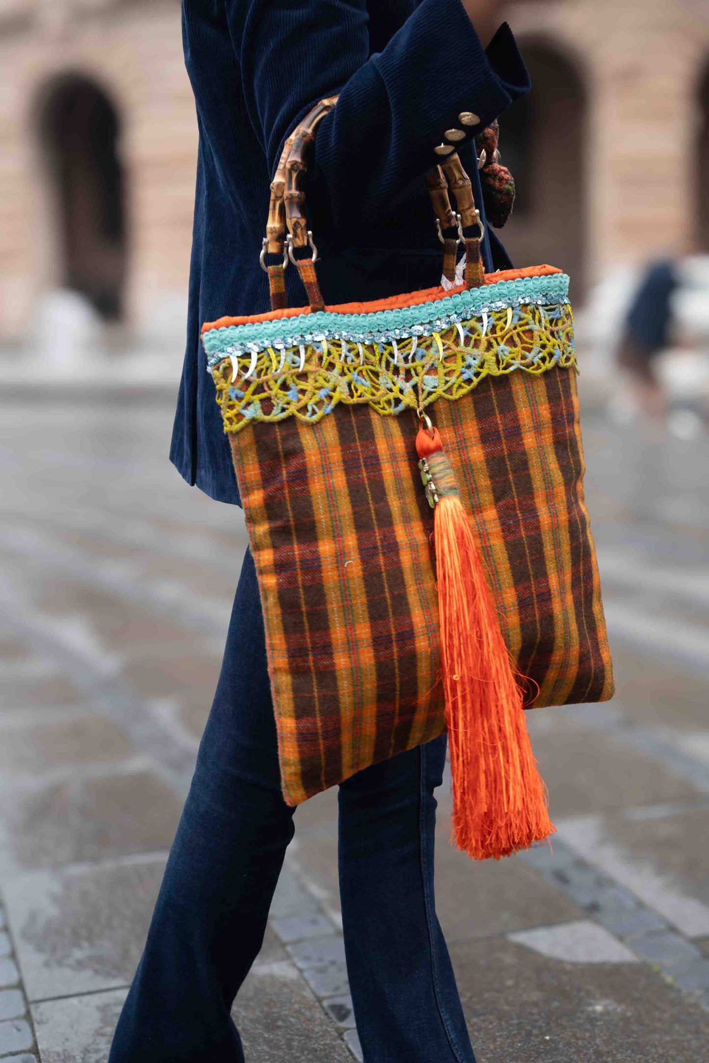 Borsa in lana tartan con manici bamboo - Tartan styled fabric bag with bamboo handles