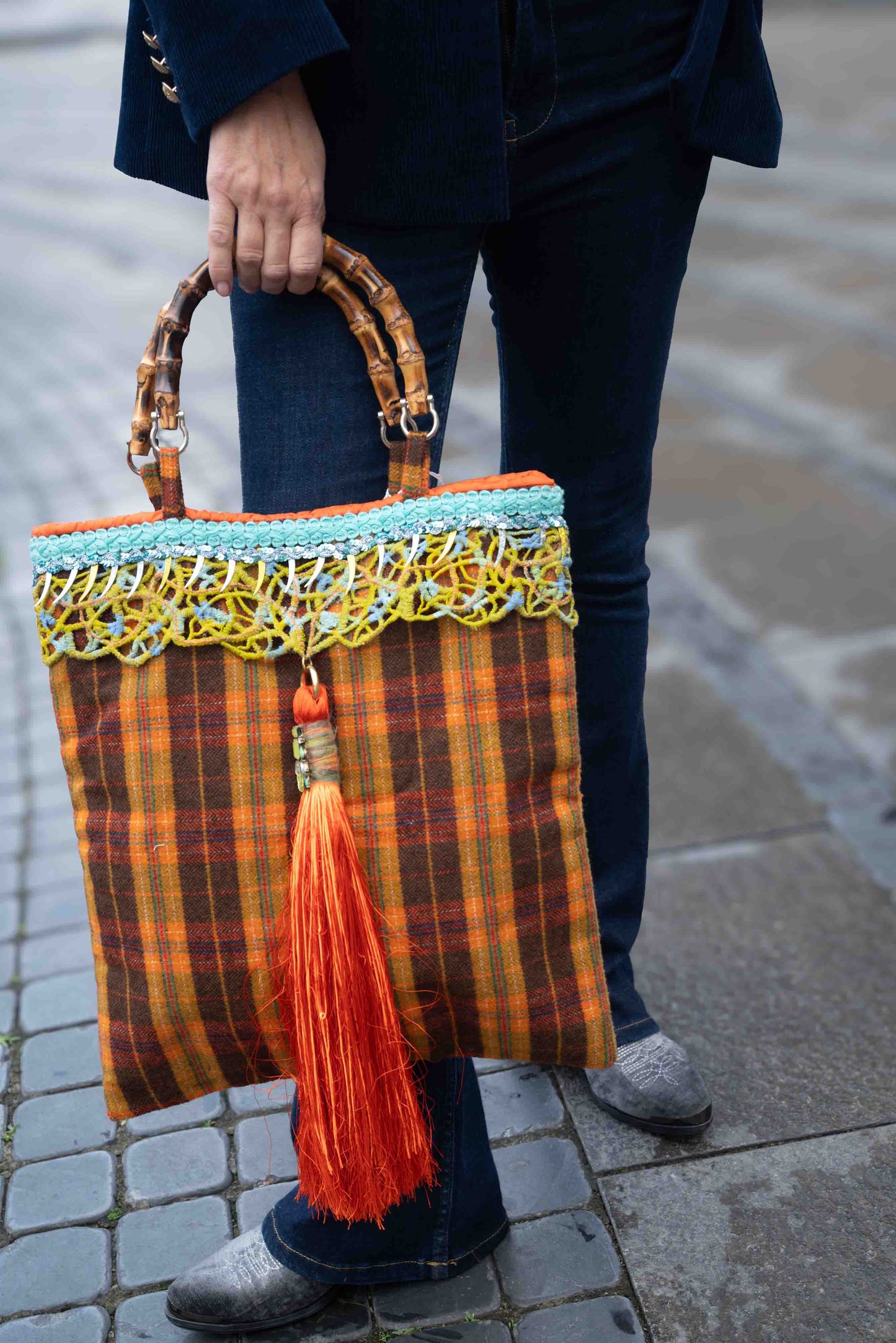 Borsa in lana tartan con manici bamboo - Tartan styled fabric bag with bamboo handles
